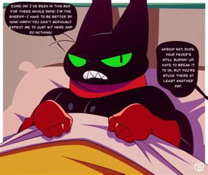 annoyed anthro bed bedding blanket clothing dialogue duo furniture gloves green_eyes handwear looking_at_another lying lying_on_bed male on_bed pecs pillow red_clothing red_gloves red_handwear red_scarf scarf speech_bubble text white_text trashtoonz cartoon_network mao_mao:_heroes_of_pure_heart badgerclops sheriff_mao_mao_mao badger domestic_cat felid feline felis mammal mustelid musteline english_text hi_res watermark