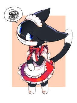 anthro apron black_body black_fur blue_eyes blush chibi clothed clothing crossdressing embarrassed femboy fur looking_at_viewer maid_headdress maid_uniform male markings mask paws ribbons simple_background solo standing tail tail_markings uniform white_body white_fur infekah atlus megami_tensei persona_(series) persona_5 sega morgana_(persona) domestic_cat felid feline felis mammal tuxedo_cat full-length_portrait hi_res portrait
