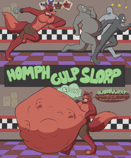 abdominal_bulge anthro anthro_pred belly big_belly bodily_fluids bottomwear burping chasing clothed clothing detailed_background dialogue drawing_(object) ear_piercing eye_patch eyewear face_imprint facial_piercing fur gold_(metal) gold_tooth group hallway hook hook_hand huge_belly human_prey imminent_vore imprint looking_back machine male male_anthro male_human male_pred male_prey multicolored_body multicolored_fur multiple_prey nose_piercing nose_ring obese obese_human obese_male open_mouth oral_vore overweight overweight_human overweight_male piercing ring_piercing running running_away saliva sharp_teeth shorts side_view sound_effects speech_bubble squirming star struggling struggling_prey swallowing tail talking_to_another talking_to_prey teeth text tongue tongue_out topless topless_anthro topless_male unwilling_prey vore yellow_sclera flamingtiger98 torkumatigburr five_nights_at_freddy's scottgames foxy_(fnaf) animatronic canid canine fox human mammal robot comic digital_drawing_(artwork) digital_media_(artwork) english_text hi_res