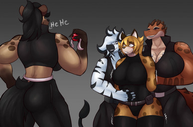 anthro armwear ball_gag belt big_breasts black_armwear black_bottomwear black_clothing black_elbow_gloves black_gloves black_hair black_handwear black_highlights black_legwear black_leotard black_pants black_shirt black_stripes black_thigh_highs black_topwear blonde_hair bottomwear breasts brown_body brown_fur cleavage clothed clothed_anthro clothed_female clothing elbow_gloves female female/female fluffy fluffy_tail fur gag gloves group hair handwear highlights_(coloring) huge_breasts legwear leotard markings multicolored_hair muscular muscular_anthro muscular_female orange_eyes pants red_ball_gag restrained shaking shirt spots spotted_body spotted_fur striped_body striped_fur stripes tail thigh_highs topwear trembling two_tone_hair white_body white_fur white_hair wide_hips yellow_body yellow_fur auntank carmen_(indybrony) shilo_(indybrony) xiu-ying zuri_(indybrony) cheetah crocodile crocodilian equid equine felid feline hyena mammal reptile scalie zebra 2025 hi_res story story_in_description