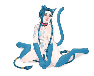 arm_tattoo artist_watermark barefoot blue_ears blue_hair blue_paws body_tattoo braided_hair butt butt_tattoo chest_tattoo collar facial_piercing feet female hair human_to_humanoid mid_transformation nose_piercing nude nude_female nude_humanoid piercing pigtails pink_collar shadow simple_background solo species_transformation tasteful_nudity tattoo transformation twin_braids white_background tittydispenser arcane_(tv_series) league_of_legends riot_games tencent jinx_(lol) animal_humanoid cat_humanoid felid felid_humanoid feline feline_humanoid humanoid mammal mammal_humanoid 2025 digital_drawing_(artwork) digital_media_(artwork) english_description hi_res signature