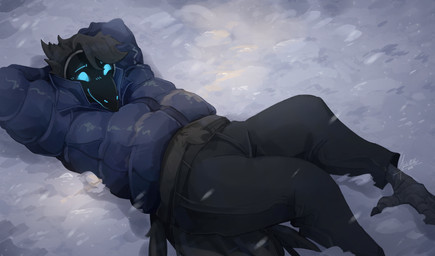anthro beak black_body black_fur clothed clothed_anthro clothing detailed_background feathers feet fur hair lying machine male on_back puffy_jacket screen screen_face snow solo talons toes akkalis alphi_(nightbirby) avian bird corvid corvus_(genus) crow hybrid oscine passerine protogen absurd_res digital_media_(artwork) hi_res