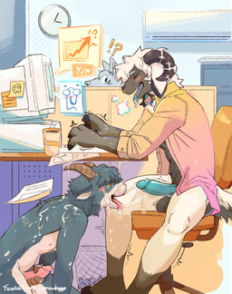 anthro balls blush bodily_fluids bystander clothing collared_shirt cum cum_on_face cum_on_penis cum_on_table dress_shirt dress_shirt_only duo erection facial_piercing genital_fluids genitals hoof_hands horn looking_at_genitalia looking_at_penis male male/male masturbation nipples nose_piercing nose_ring office penis piercing ring_piercing shirt steamy_breath tail tongue tongue_out topwear under_table maudoggo olive_(thesphur) thesphur_(thesphur) bovid caprine goat mammal sheep hi_res