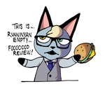 animal_crossing anthro burger clothing domestic_cat eyewear felid feline felis food glasses heterochromia hi_res male mammal necktie nintendo raymond_(animal_crossing) reviewbrah solo suit twistcmyk youtuber