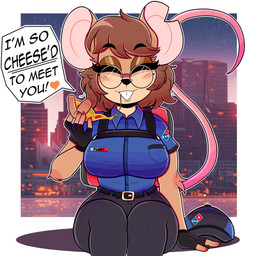 anthro belt big_breasts big_ears bodily_fluids bottomwear breasts buckteeth cleavage clothed clothed_anthro clothed_female clothing delivery_(commerce) delivery_employee dialogue eating eating_food eyes_closed eyewear female food food_delivery front_view fur glasses notched_ear pants pizza pizza_delivery round_glasses shirt smile solo sweat tail tan_body tan_fur teeth text topwear unbuttoned_shirt wearing_glasses whiskers wireless_shiba domino's_pizza mammal mouse murid murine rodent 1:1 2026 absurd_res english_text hi_res