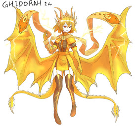 2_tails alternate_species armwear blonde_hair clothed clothing cross crossgender dress elbow_gloves electricity electrogenesis female garter_straps gloves hair handwear horn humanoidized legwear membrane_(anatomy) membranous_wings multi_tail open_mouth pupils short_hair slit_pupils smile smirk solo spiked_tail spikes spikes_(anatomy) spines tail tail_spines thigh_highs wings okamura086 godzilla_(series) mythology toho king_ghidorah animal_humanoid dragon dragon_humanoid ghidorah_(species) horned_humanoid humanoid mythological_creature mythological_scalie scalie tailed_humanoid hi_res