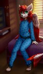 2020 absurd_res anthro artist_name avian barefoot bed black_nose bloominglynx blue_bottomwear blue_clothing blue_topwear bottomwear closed_smile clothed clothing deer digital_media_(artwork) digitigrade dragon electronics feathered_wings feathers feet female flat_chested front_view fully_clothed fur furniture furred_dragon furred_scalie glistening glistening_eyes glistening_hair glistening_nose green_eyes hair hi_res hybrid inside looking_at_viewer mammal mouth_closed mythological_creature mythological_scalie mythology on_bed pajamas rachel_dash_dashner red_body red_feathers red_hair scalie shaded sitting smile solo tail television topwear two_tone_wings white_body white_ears white_feathers white_wings wings