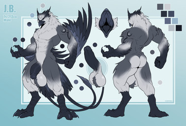 abs anthro back_muscles backsack ball_tuft balls big_balls big_muscles big_pecs big_penis black_body black_claws black_feathers black_penis blue_eyes butt claws feathers genitals grey_body grey_feathers huge_balls huge_penis humanoid_genitalia humanoid_penis male markings mouth_shot multicolored_body multicolored_feathers multicolored_tail muscular muscular_anthro muscular_arms muscular_male muscular_thighs open_mouth pecs penis solo tail tuft white_body white_feathers winged_arms wings corrsk j.b._(zombiedwolf) avian bird absurd_res hi_res model_sheet