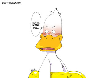 anthro aroused aroused_face beak blush blush_lines dialogue feathers male simple_background solo speech_bubble text white_background white_body white_feathers watmeedraw sitting_ducks ed_(sitting_ducks) anatid anseriform avian bird duck english_text hi_res