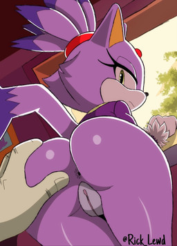 accessory anthro anus bedroom_eyes big_butt black_nose bottomless butt butt_grab cheek_tuft clothed clothing day detailed_background disembodied_hand duo eyelashes facial_tuft female forehead_gem frown fur gem genitals hair hair_accessory hairband hand_on_butt humanoid_hands inside looking_at_viewer looking_back looking_back_at_viewer low-angle_view narrowed_eyes purple_body purple_fur purple_hair seductive short_hair solo_focus text tuft twitter_handle vulva window rick_lewd sega sonic_the_hedgehog_(series) blaze_the_cat domestic_cat felid feline felis mammal 2025 artist_name hi_res