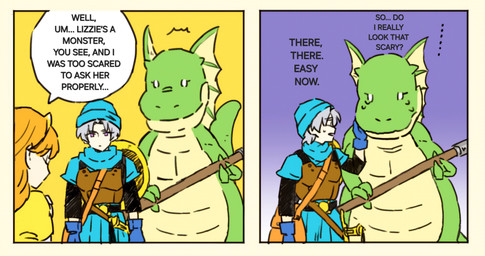 2_panel_comic 3_fingers anthro black_sleeves blue_clothing blue_gloves blue_handwear blue_hat blue_headwear blue_shirt blue_topwear blue_tunic bodily_fluids clothing comforting crown dialogue dress empty_eyes eyes_closed female fingers gloves grey_hair group hair handwear hat head_wings headgear headpat headwear male membrane_(anatomy) membranous_wings orange_hair petting purple_background purple_eyes shirt shocked simple_background speech_bubble sweat sweatdrop tears text tiara topwear touching_face trio tunic unusual_wing_placement white_eyes wings yellow_background yellow_clothing yellow_dress jasuko dragon_quest dragon_quest_vi mythology square_enix lizzie_(dragon_quest) princess_gwaelin terry_(dragon_quest) dragon hacksaurus human mammal mythological_creature mythological_scalie scalie absurd_res english_text hi_res translated