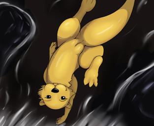 black_nose female feral fur genitals lying solo swimming vulva water yellow_body yellow_fur thunderouserections guardians_of_the_galaxy marvel lylla_(marvel) mammal mustelid otter low_res source_request