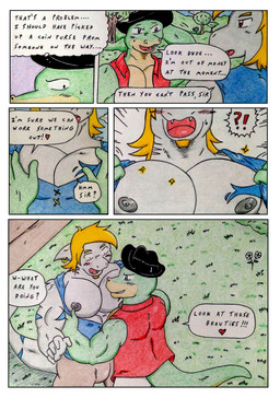 abs anthro areola barazoku biceps big_muscles big_pecs bird's-eye_view black_clothing black_hat black_headwear black_nipples blonde_hair blue_clothing blue_shirt blue_topwear blush blush_lines bottomwear breasts brown_bottomwear brown_clothing brown_pants bulge chest_tattoo cleavage clothed clothing comic_panel dialogue ear_piercing ear_ring facial_hair forest forest_background goatee grass green_body grey_body hair hands_behind_head hat hat_only headgear headgear_only headwear headwear_only high-angle_view male manly medieval mostly_nude muscular muscular_anthro muscular_male nature nature_background nipples open_clothing open_mouth open_shirt open_topwear opening_shirt pants pecs piercing plant purple_eyes red_clothing ring_piercing shirt surprised tail tattoo text topwear tree dashthefox nikel aquatic fish lizard reptile scalie shark absurd_res comic english_text hi_res traditional_media_(artwork)