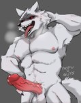 abs anthro balls belly_tuft big_penis bodily_fluids breath casual_nudity cheek_tuft chest_tuft claws erection facial_markings facial_tuft fangs fluffy fluffy_tail fur fuzzy genital_fluids genitals grey_background grey_body grey_fur hand_behind_head hand_on_hip head_markings head_tuft humanoid_genitalia humanoid_penis looking_at_viewer male markings mask_(marking) muscular muscular_anthro muscular_male neck_tuft nipples open_mouth open_smile penis pose precum raised_arm red_eyes saliva simple_background smile solo standing tail teeth tongue tongue_out tuft vein veiny_penis mufo_guys dreamworks puss_in_boots_(franchise) death_(puss_in_boots) canid canine canis mammal wolf hi_res signature