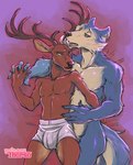 anthro anthro_on_anthro antlers blue_body blue_fur bodily_fluids boxer_briefs boxers_(clothing) brown_body brown_fur bulge clothed clothing duo fur hand_holding horn horn_fetish horn_lick horn_play interspecies licking male male/male nipples nude nude_anthro nude_male predator/prey saliva tongue tongue_out topless topless_male underwear white_clothing white_underwear thorso_the_vile beastars legoshi_(beastars) louis_(beastars) canid canine canis cervine deer mammal red_deer wolf 2021