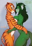 2023 absurd_res after_kiss anthro asymmetrical_breast_frottage back_scar bangs blue_eyes blush bodily_fluids breast_squish breasts breasts_frottage butt canon_x_oc claws crossover dialogue dreamworks duo english_text eye_contact felid feline female female/female fur genitals green_body green_fur green_hair hair hand_on_butt hawke_(mastergodai) hi_res hotkeke1 inner_ear_fluff kissing knuckle_up! kung_fu_panda long_hair looking_at_another mammal markings master_tigress multicolored_body multicolored_fur muscular muscular_anthro muscular_female orange_body orange_eyes orange_fur pantherine pussy saliva saliva_string scar smile squish story story_in_description striped_markings stripes text tiger tuft white_body white_fur