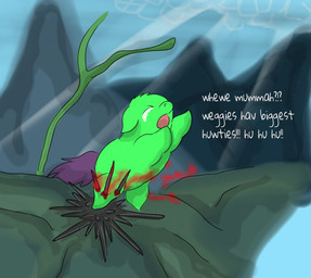 ambiguous_feral ambiguous_gender baby_talk blood bodily_fluids crying dialogue feral fur gore green_body green_fur impalement open_mouth pain pained_expression plant purple_tail solo suffering tail tears text underwater water white_text young young_ambiguous young_feral carpdime fluffy_pony aquatic echinoderm echinozoan fluffy_pony_(species) mammal sea_urchin seafluff digital_media_(artwork) english_text