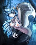 anthro bare_breasts blue_eyes blue_hair breasts chest_tuft clothed clothing female fingers fur grey_body grey_fur hair hands_behind_head looking_at_viewer mature_anthro mature_female nipples nude outside partially_clothed plant pose smile solo tree tuft undressing magolobo lassie_lunaris canid canine canis mammal wolf 2012 digital_media_(artwork) hi_res shaded