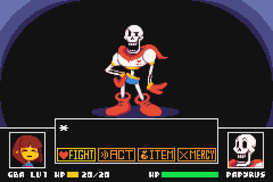 ambiguous_gender battle bone boots cape clothing dialogue duo eyes_closed footwear gameplay_mechanics gloves gui handwear health_bar male shoes skeleton solo_focus text text_box davitsu undertale undertale_(series) frisk_(undertale) papyrus_(undertale) animated_skeleton human mammal undead 3:2 animated character_name digital_media_(artwork) english_text low_res pixel_(artwork)
