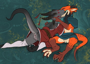 abstract_background anthro anthro_on_anthro anus bodily_fluids bottomwear breasts butt claws clothing digitigrade duo eyes_closed fangs feet female female/female finger_claws genital_fluids genitals gloves_(marking) grey_body horn kissing leg_markings markings non-mammal_breasts orange_body raised_tail scales shawl skirt snout socks_(marking) soles spikes spikes_(anatomy) striped_body stripes tail teeth toe_claws toes vaginal_fluids ventral_scales vulva flamespitter citrus_(flamespitter) kobold scalie