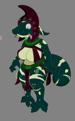 anthro belt big_breasts big_hat black_body bottomwear breasts clothed clothing female grey_eyes loincloth sash shortstack simple_background skimpy smile solo standing tail thick_tail tongue tongue_out wide_hips wraps villegreen kobold scalie hi_res