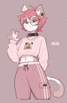 anthro blush clothing collar dipstick_tail ear_piercing eyewear femboy gesture glasses hair hand_gesture lidded_eyes male markings midriff multicolored_tail navel pawpads piercing pink_hair shirt solo tail tail_markings topwear v_sign fizzykity mia_(fizzykity) domestic_cat felid feline felis mammal absurd_res hi_res nonbinary_(lore)