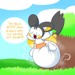 3_fingers ambiguous_gender big_diaper black_body black_tail clean_diaper clothed clothing cloud cloud_emanata detailed_background dialogue diaper diaper_only diaper_puff emanata eyes_closed featureless_feet feet feral fingers flying grass open_mouth open_smile plant sky smile solo speech_bubble tail text topless wearing_diaper white_body white_diaper white_inner_ear yellow_body yellow_inner_ear sir-dancalot nintendo pokemon emolga generation_5_pokemon pokemon_(species) 1:1 english_text hi_res