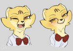 anthro blush bow_tie brown_eyes clothing eyelashes female fur half-closed_eyes looking_at_viewer narrowed_eyes one_eye_closed open_mouth shirt simple_background smile solo spots teeth tongue topwear tuft wink el-k agnes_harkness_winking_meme akino_(el-k) cheetah felid feline mammal absurd_res digital_media_(artwork) hi_res