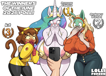 5_fingers anthro areola areola_slip big_breasts bikini biped black_clothing blonde_hair blush bottomwear breasts brown_ears brown_hair brown_tail clothed clothed_anthro clothed_female clothing covering covering_mouth electronics faceless_character faceless_human female female_anthro fingers fur gold_bikini green_body group hair holding_object holding_phone horn huge_breasts humanoid_hands multicolored_hair nipple_outline phone purple_eyes red_eyes standing swimwear tail topwear trio_focus two-piece_swimsuit whiskers white_body white_clothing white_fur yellow_clothing yellow_sclera lollipopcon friendship_is_magic gameoverse glitch_productions hasbro my_hero_academia my_little_pony mythology ippan_josei kit_bodega princess_celestia_(mlp) domestic_cat equid equine felid feline felis human mammal mythological_creature mythological_equine quirked_human_(my_hero_academia) unicorn 2026 absurd_res hi_res