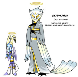 back_wings blue_body blue_eyes clothed clothing feathered_wings feathers fingers_together flower_accessory halo horn index_to_index robe simple_background standing white_body white_feathers winged_arms wings yellow_eyes emositecc hellaverse helluva_boss mythology blitzo_(helluva_boss) cikap-kamuy angel angel_humanoid avian bird deity humanoid mythological_avian mythological_creature owl colored