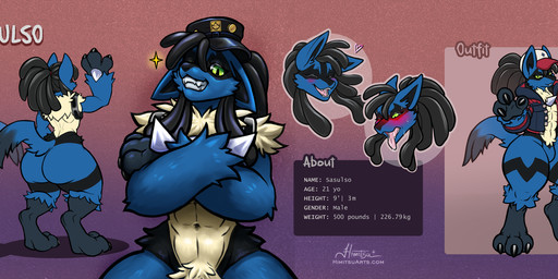 anthro big_butt blue_body blue_fur butt clothed clothing digitigrade fur green_eyes male paws small_waist solo text himitsuarts nintendo pokemon sasulso generation_4_pokemon lucario pokemon_(species) absurd_res english_text hi_res model_sheet