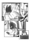 2022 absurd_res anthro clothing collared_shirt comic digital_media_(artwork) domestic_cat electronics english_text felid feline felis fur grey_body grey_fur greyscale hi_res inside_train looking_at_object looking_at_phone looking_away male mammal monochrome pester phone shaded skinny_male suitcase text train train_station travel travelling ulysses_(pester) vehicle