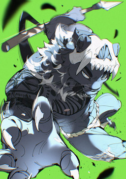 5_fingers abs anthro arm_tattoo asian_clothing biped black_eyebrows black_tattoo blue_body blue_eyes blue_hair chest_tattoo claws clothed clothed_anthro clothed_male clothing east_asian_clothing eye_trail eyebrows finger_claws fingers foreshortening fundoshi fundoshi_only furrowed_eyebrows green_background grey_hair hair holding_melee_weapon holding_object holding_polearm holding_spear holding_weapon japanese_clothing looking_at_viewer male melee_weapon motion_lines mouth_closed no_pupils polearm reaching_towards_viewer shoulder_tattoo simple_background skull_helmet snout solo spear tail tattoo toe_claws topless underwear underwear_only weapon whiskers white_sclera chiayeeee felid mammal pantherine 2026 chromatic_aberration colored digital_drawing_(artwork) digital_media_(artwork) full-length_portrait hi_res portrait