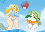 ball beach_ball big_breasts bikini blonde_hair breasts clothing cloud duo female green_eyes green_hair hair huge_breasts inflatable leaf leaf_hair nipple_outline not_furry orange_eyes plant plant_hair pseudo_hair short_stack swimwear two-piece_swimsuit water wave white_body white_skin immortalstar nintendo pokemon lily_(immortalstar) milya_(immortalstar) elemental_creature elemental_humanoid flora_fauna generation_5_pokemon human humanoid lilligant mammal plant_humanoid pokemon_(species) digital_media_(artwork) hi_res