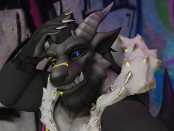 anthro beard black_body blue_eyes claws clothed clothing facial_hair fangs fur graffiti hair horn male muscular muscular_male sharp_teeth smile smug solo tail teeth murolynxian mythology interz_(character) dragon mythological_creature mythological_scalie scalie 3d_(artwork) 4:3 digital_media_(artwork)