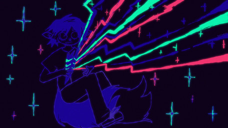 abstract_art abstract_background anthro big_tail bottomwear clothing dying footwear fur gore hair insane lights looking_at_object male metaphor neon pants ribbons shirt shoes short_hair solo star surrealism t-shirt tail topwear birzavr foxoros canid canine fox mammal 16:9 2026 digital_drawing_(artwork) digital_media_(artwork) flat_colors hi_res sketch widescreen