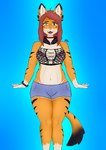 ahoge anthro bottomwear bra bracelet brown_eyes clothing dipstick_tail ear_piercing fangs female fishnet_clothing fishnet_topwear fur gloves_(marking) hair heterochromia hotpants jewelry leg_markings long_hair markings maroon_hair open_mouth orange_body orange_fur piercing shorts socks_(marking) striped_body striped_fur stripes tail tail_markings teeth thong_straps tongue topwear underwear zarvale canid canine canis felid hybrid mammal pantherine tiger wolf absurd_res hi_res signature