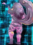 anthro armor butt fluffy fluffy_tail fur hair heart_symbol horn leather leather_strap living_tail male mane mane_hair muscular muscular_anthro muscular_male purple_body purple_fur rear_view smile solo straps tail unconvincing_armor unusual_anatomy unusual_tail rorondo4 lifewonders tokyo_afterschool_summoners bathym_(tas) canid canine canis demon mammal wolf 3:4