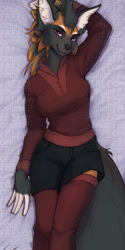 anthro bottomwear clothing dakimakura female leggings legwear shirt skirt solo topwear free-opium wesley_(suave_senpai) canid canine cross_fox fox mammal red_fox true_fox absurd_res dakimakura_design hi_res