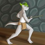 anthro asian_clothing bottomwear clothed clothing east_asian_clothing fundoshi fundoshi_only green_hair green_horn hair holding_melee_weapon holding_object holding_polearm holding_weapon horn japanese_clothing loincloth loincloth_only male melee_weapon navel polearm quarterstaff solo squinted_eyes tail topless underwear underwear_only weapon fuze mythology dragon mythological_creature mythological_scalie scalie 1:1 hi_res