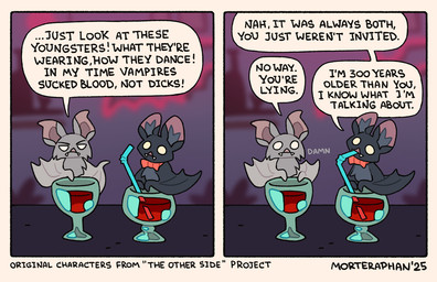 ambiguous_gender bar bat_wings black_body blood_in_glass bow_tie curse dialogue drinking_straw_in_mouth duo fangs feral grey_body humor inside male membrane_(anatomy) membranous_wings no_pupils speech_bubble teeth text wings morteraphan frederick_(morteraphan) bat mammal vampire 2025 comic english_text signature