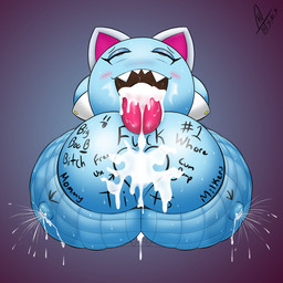 after_sex ahegao areola big_breasts blue_areola blue_body blue_nipples blush bodily_fluids body_writing breasts clothing cuff_links cum cum_between_breasts cum_in_mouth cum_inside cum_on_breasts fake_cat_ears fake_ears female fishnet_clothing fishnet_topwear genital_fluids heart_symbol huge_breasts hyper hyper_breasts lactating looking_pleasured milk nipples open_mouth profanity solo text tongue tongue_out topwear supermoonshroom mario_bros nintendo paper_mario lahla_(mario) boo_(mario) ghost spirit 1:1 english_text hi_res