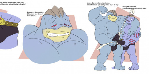 abs anthro arms_around_partner balls biceps big_bulge big_muscles big_penis black_clothing black_underwear bodily_fluids body_size_growth bottomwear bulge bulge_fondling bursting_out_of_clothing button_(fastener) button_pop championship_belt clothed clothing cum cum_in_clothing cum_in_underwear cum_on_self cum_through_clothing cum_through_underwear cumshot detailed_bulge dialogue duo ejaculation erection evolution evolution_(transformation) evolutionary_family flexing flexing_bicep frottage frottage_through_clothing genital_fluids genitals grey_body growth huge_bulge huge_muscles human_to_humanoid hypnotic_eyes identity_death limb_growth male male/male masturbation mind_control multi_arm multi_limb muscle_growth muscular muscular_anthro muscular_arms muscular_humanoid muscular_male orgasm pec_expansion pecs pecs_growth penile penis penises_touching personality_change profanity purple_body red_eyes sex sharp_teeth shirt shorts simple_background size_difference size_transformation snout snout_growth species_transformation speech_change standing stroking_penis sweat teeth tenting text tongue tongue_out topwear torn_clothing touching_penis transformation transformation_sequence underwear underwear_only wardrobe_malfunction wet wet_clothing wet_underwear charoitegengar nintendo pokemon generation_1_pokemon human humanoid machamp machoke mammal pokemon_(species) absurd_res comic digital_drawing_(artwork) digital_media_(artwork) english_text hi_res long_image sequence wide_image