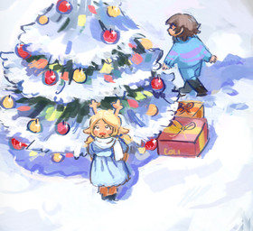anthro blonde_hair blue_clothing brown_hair christmas_tree clothing duo female hair holidays male plant snow tree colicolicolicoli christmas deltarune undertale undertale_(series) frisk_(undertale) noelle_holiday deer human mammal new_world_deer reindeer 2025 hi_res