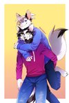 5_fingers anthro black_hair black_nose clothed clothing duo fingers grey_hair hair male smile yellow_eyes hihikori canid canine canis domestic_cat felid feline felis mammal wolf hi_res