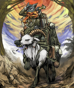 all_fours ambiguous_gender anthro backpack bag clothed clothing detailed_background duo feral footwear hooves horn male outside path plant shoes toony tree walking wood 蕎麦 bovid caprine domestic_cat felid feline felis goat mammal detailed hi_res
