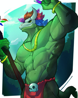 abs anthro barazoku bone bone_mask bottomwear bracelet clothed clothing feathered_headdress green_body grin holding_object holding_staff jewelry loincloth male mask muscular muscular_anthro muscular_male navel necklace obliques pecs skull skull_accessory skull_mask smile solo staff tail topless megadolix terraria witch_doctor_(terraria) lihzahrd lizard reptile scalie digital_media_(artwork) hi_res