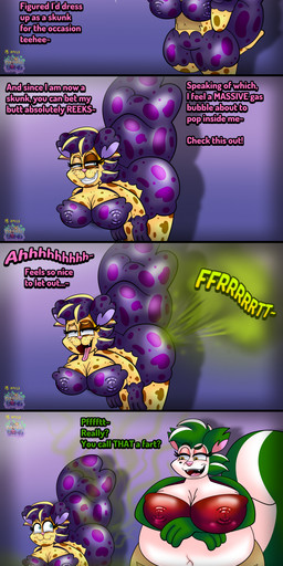 anthro anus bent_over big_breasts big_butt breasts butt clothing costume duo fart fart_cloud fart_fetish farting_on_face female genitals green_fart_cloud nipple_outline overweight overweight_female puffy_anus size_difference text vulva noodlebomb45 kattie_(noodlebomb45) suzie_(noodlebomb45) felid leopard mammal mephitid pantherine skunk absurd_res english_text hi_res long_image tall_image