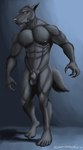 5_fingers 5_toes abs animal_genitalia anthro balls big_chest big_muscles black_body black_fur black_lips broad_shoulders claws ears_back feet fingers fur genitals grey_nose humanoid_feet lips looking_at_viewer male mischevious muscular muscular_anthro muscular_male navel nipples nude pecs pink_nipples pivoted_ears plantigrade pubes red_eyes serratus sheath simple_background smile solo standing tail teeth thick_neck toe_claws toes sampsonwoof mythology canid canine mammal mythological_canine mythological_creature werecanid werecanine werecreature werewolf 2019 absurd_res digital_media_(artwork) digital_painting_(artwork) hi_res shaded signature soft_shading