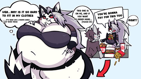 anthro belly big_belly bloat blowing blowing_up butt comic_panel eating embarrassed expansion feed feeder feederism feeding feeding_partner female folds food gain huge_belly humiliation hyper hyper_belly morbidly_obese obese organs overfeeding overstuffed overweight puffed puffy slightly_chubby slosh solo squish stomach storage stuffing swelling swollen text thick_thighs weight_gain weights floatpuff metanhovan absurd_res comic english_text hi_res